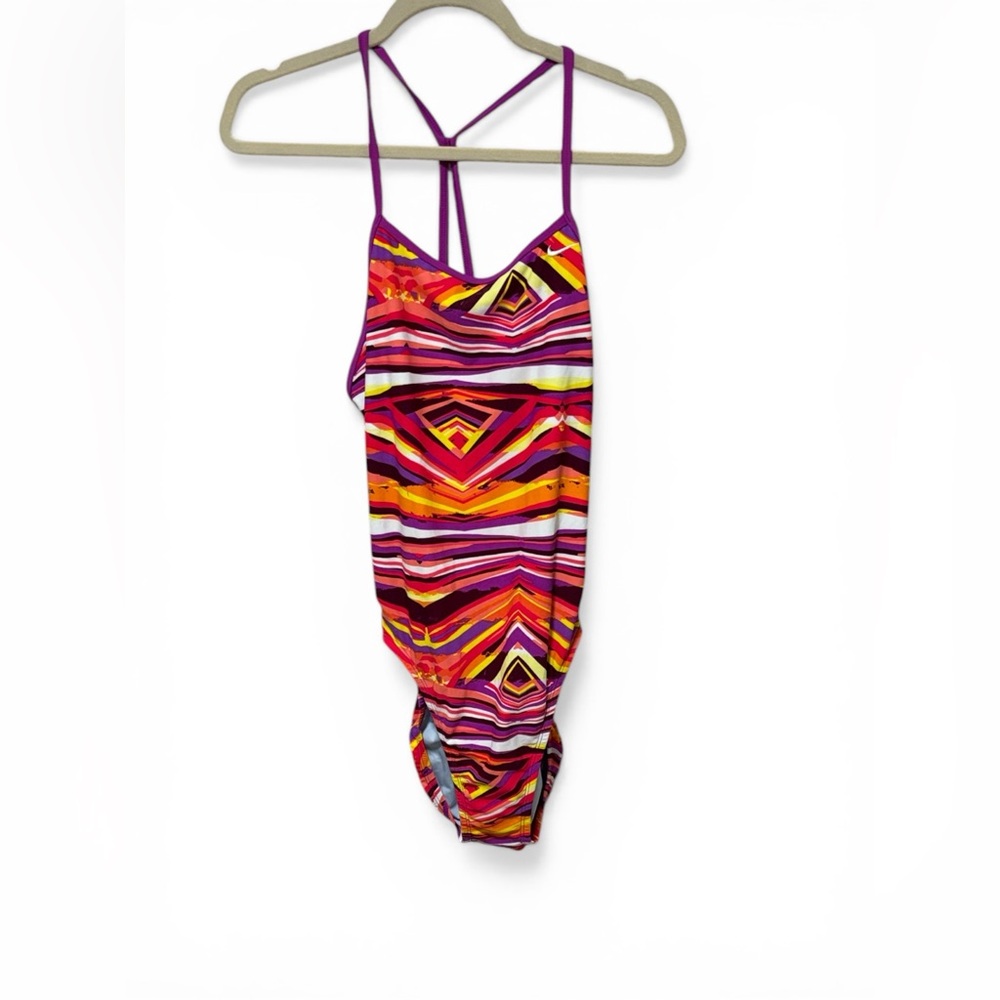Nike Women Swim One-Piece Swimsuit in Purple Multi-Color Geo Print